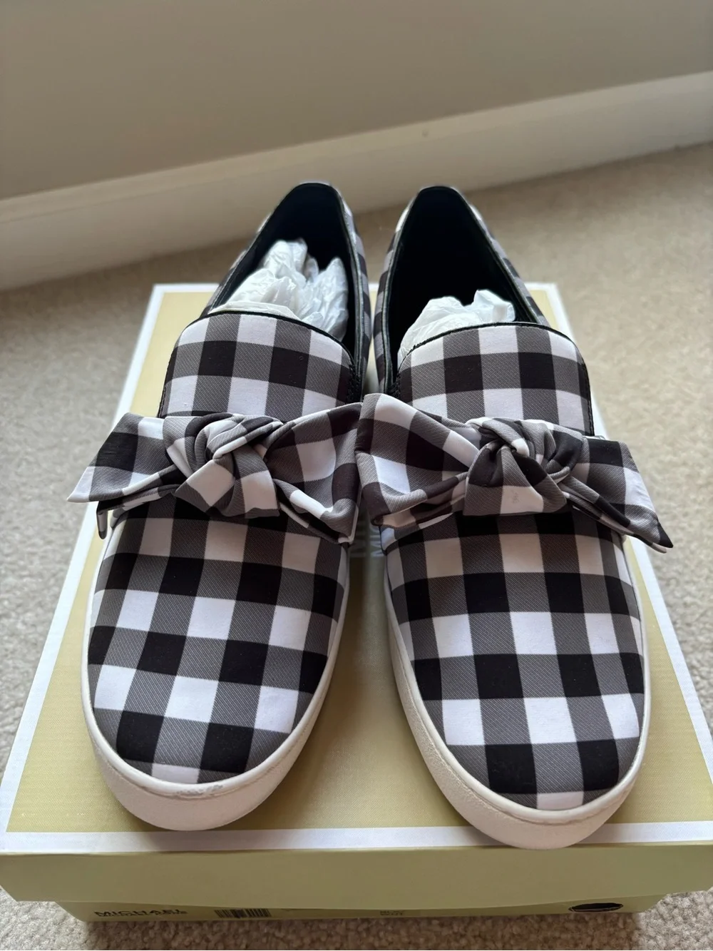 MICHAEL Michael Kors Black & White Gingham Bow Slip-On Sneakers